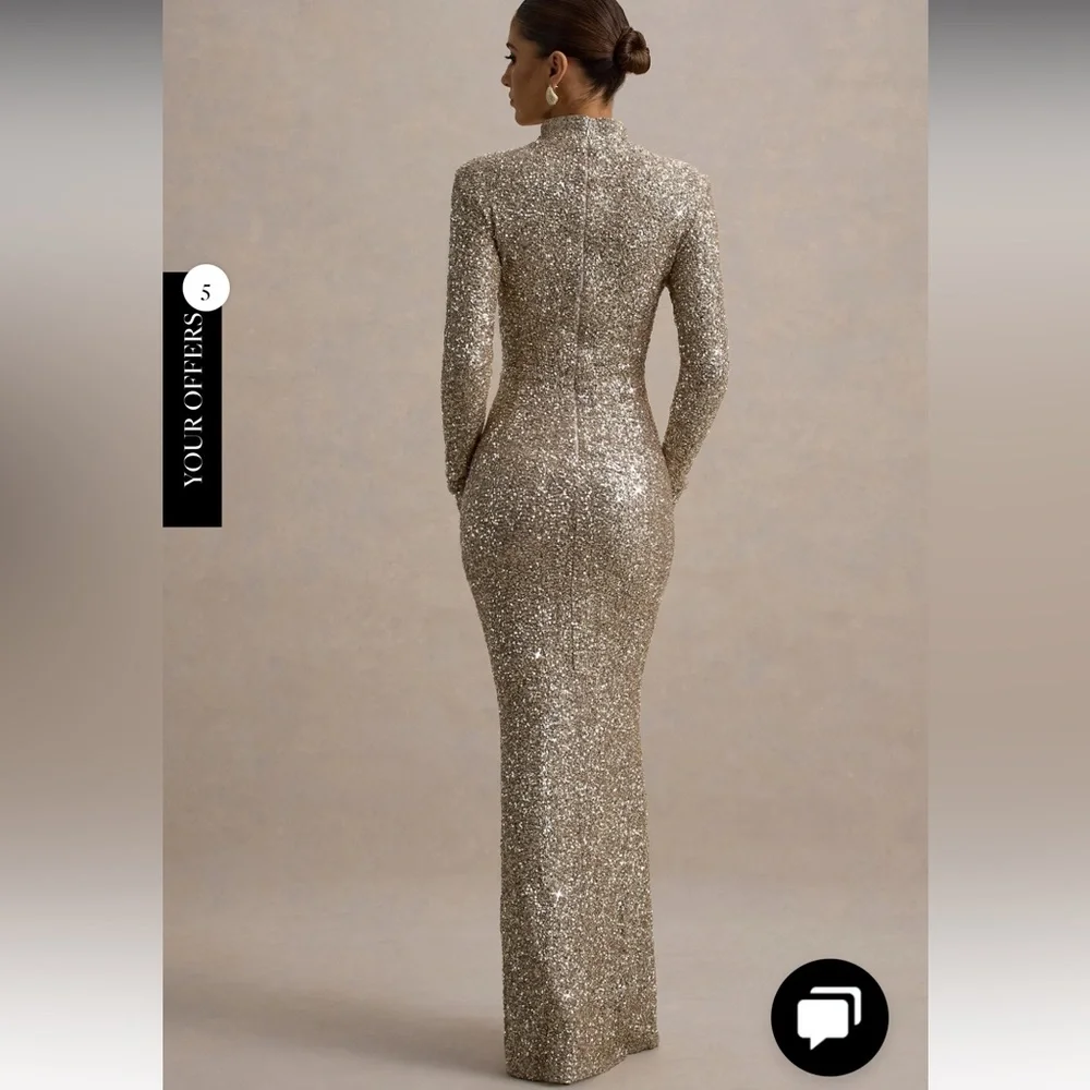 Club L London Galaxy Champagne Sequin Turtle Neck Gold Maxi Dress Size 10 NWT - Picture 2 of 8